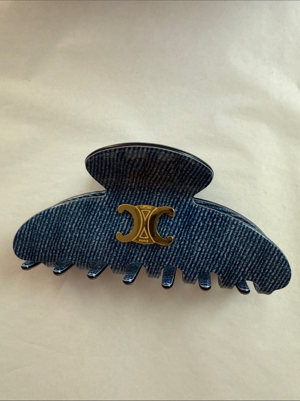 Upcycled Denim CELINE LOGO Blue Hair Claw Clip with Gold Accent